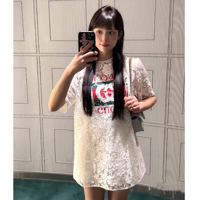 G*u*i women gg floral cotton lace top print crewneck dropped shoulder short sleeves