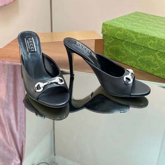 G*u*i women gg horsebit mid-heel slide sandal black leather crystals