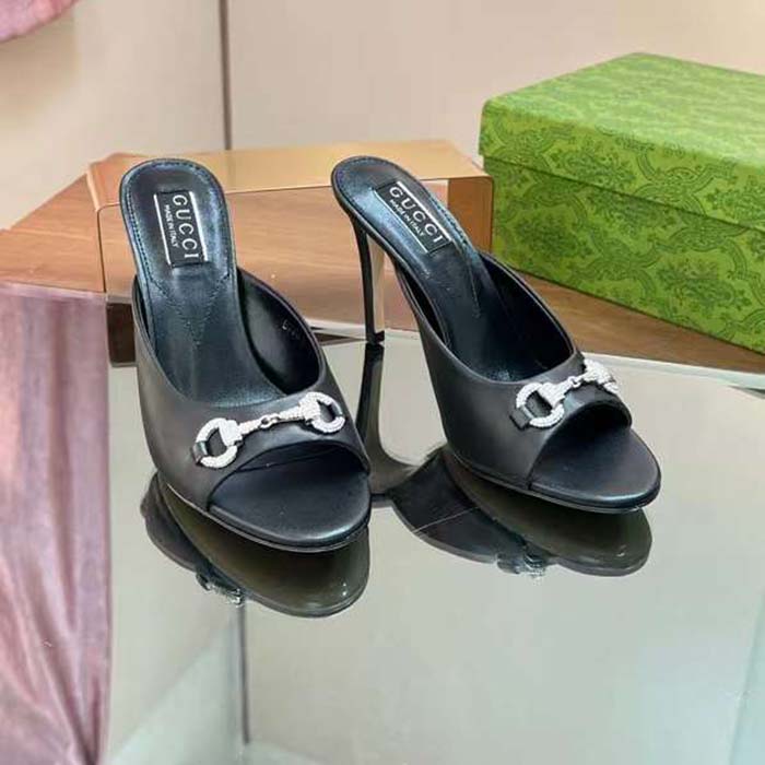 G*u*i women gg horsebit mid-heel slide sandal black leather crystals
