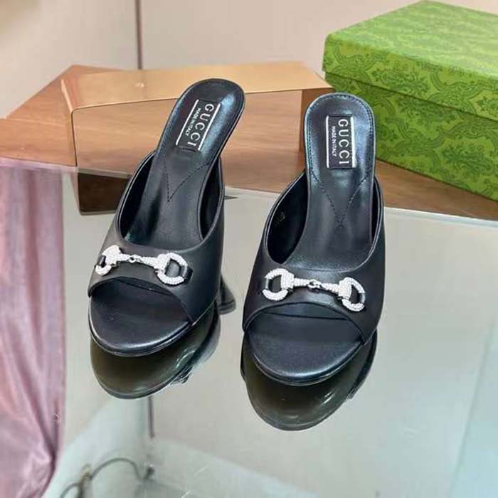 G*u*i women gg horsebit mid-heel slide sandal black leather crystals