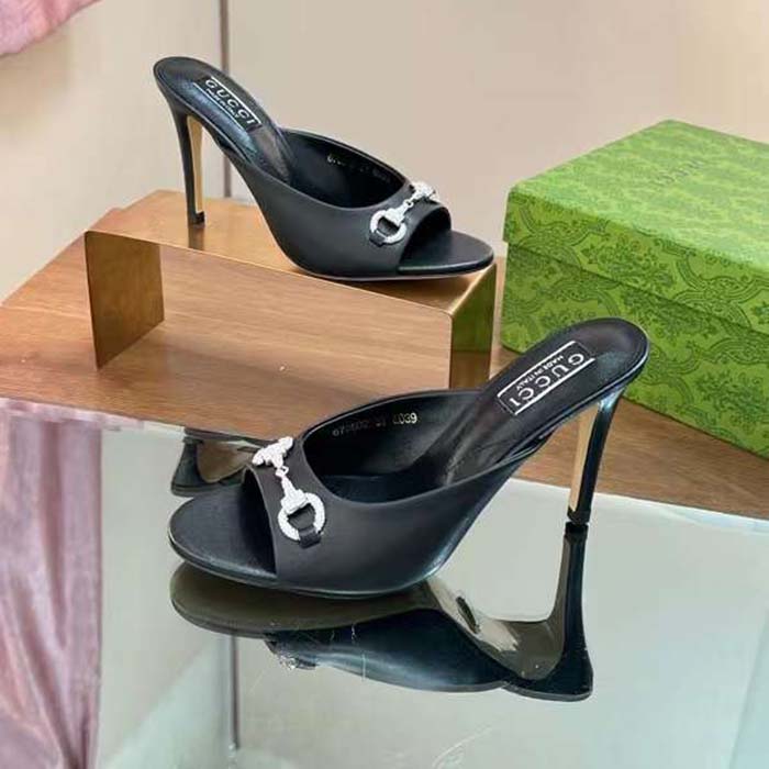 G*u*i women gg horsebit mid-heel slide sandal black leather crystals