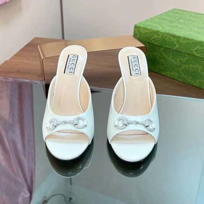 G*u*i women gg horsebit mid-heel slide sandal white leather crystals
