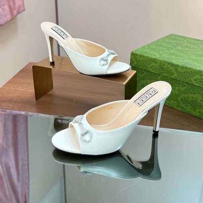 G*u*i women gg horsebit mid-heel slide sandal white leather crystals