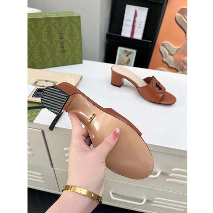 G*u*i women gg interlocking g slide sandal brown leather mid-heel