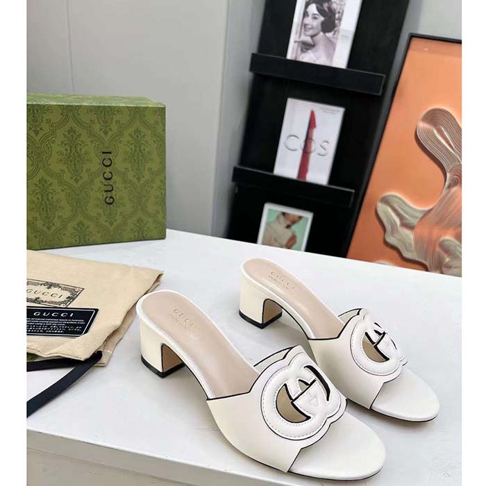 G*u*i women gg interlocking g slide sandal white leather mid-heel