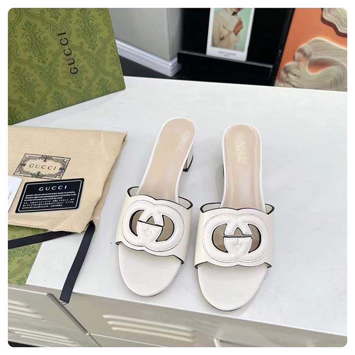 G*u*i women gg interlocking g slide sandal white leather mid-heel