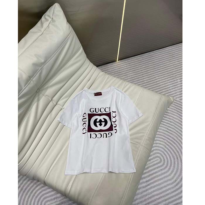 G*u*i women gg jersey t-shirt print white lightweight cotton crewneck short sleeves