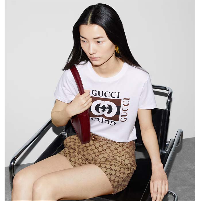 G*u*i women gg jersey t-shirt print white lightweight cotton crewneck short sleeves