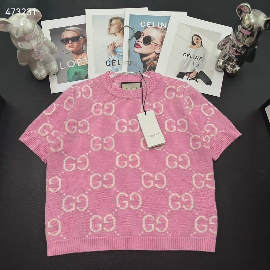 G*u*i women gg knit wool top pink crewneck short sleeves