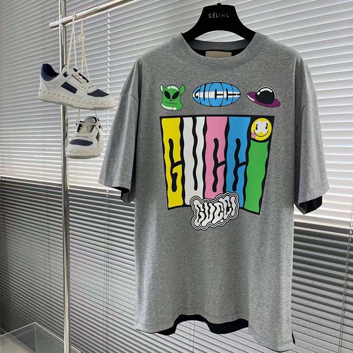 G*u*i men gg reversible cotton jersey t-shirt grey crewneck short sleeves