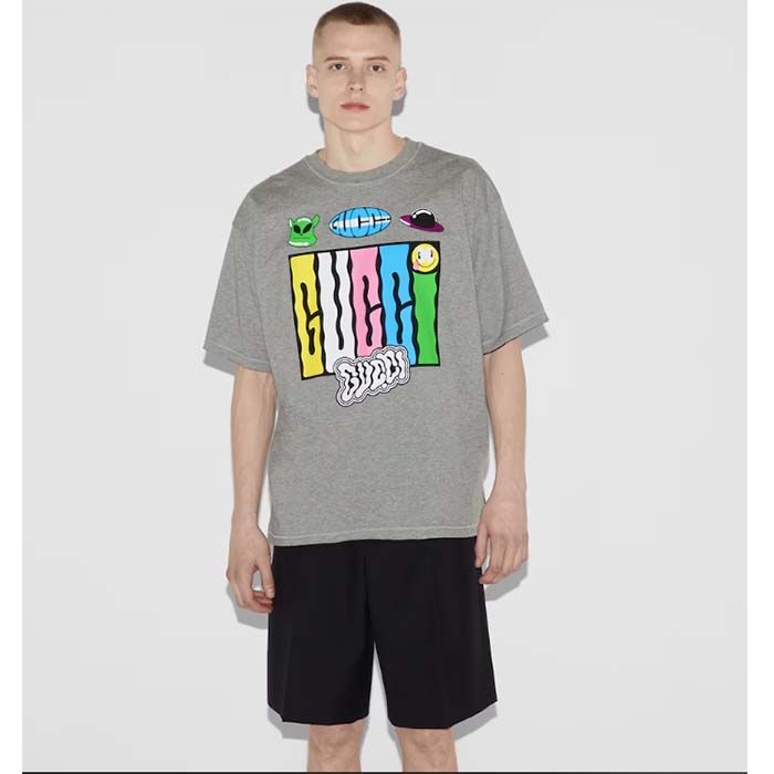 G*u*i men gg reversible cotton jersey t-shirt grey crewneck short sleeves