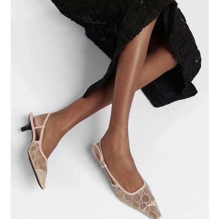G*u*i women gg slingback ballet flat rose beige mesh gg crystals leather