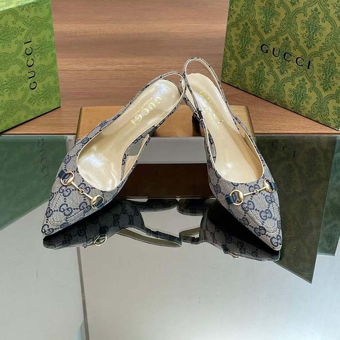 G*u*i women horsebit slingback pump beige blue original gg canvas low heel