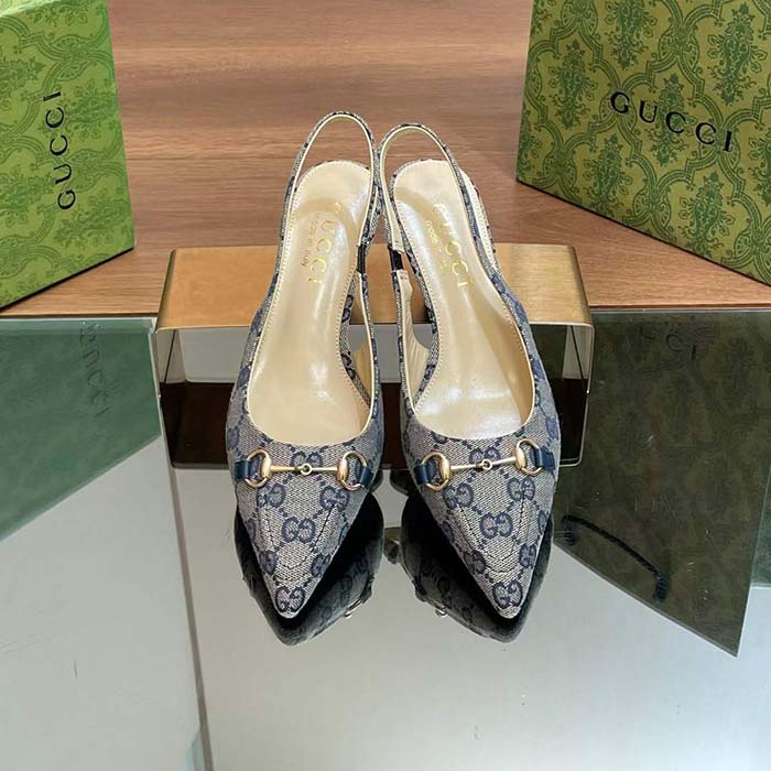 G*u*i women horsebit slingback pump beige blue original gg canvas low heel