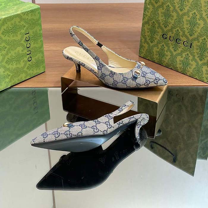 G*u*i women horsebit slingback pump beige blue original gg canvas low heel