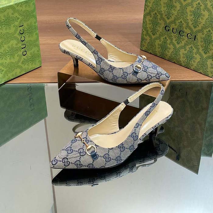G*u*i women horsebit slingback pump beige blue original gg canvas low heel