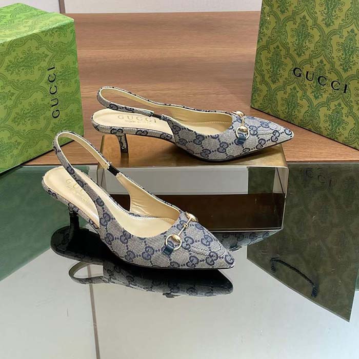 G*u*i women horsebit slingback pump beige blue original gg canvas low heel