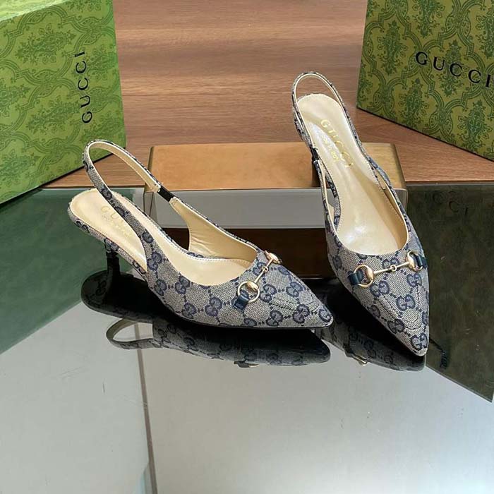 G*u*i women horsebit slingback pump beige blue original gg canvas low heel