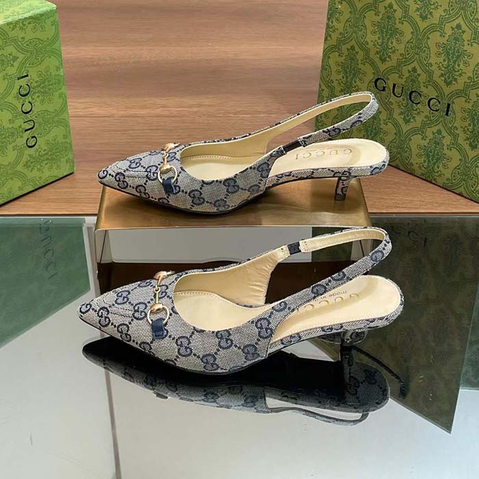 G*u*i women horsebit slingback pump beige blue original gg canvas low heel