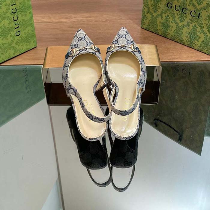 G*u*i women horsebit slingback pump beige blue original gg canvas low heel