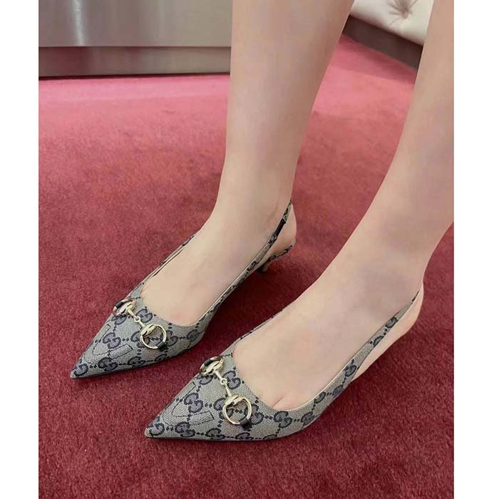G*u*i women horsebit slingback pump beige blue original gg canvas low heel