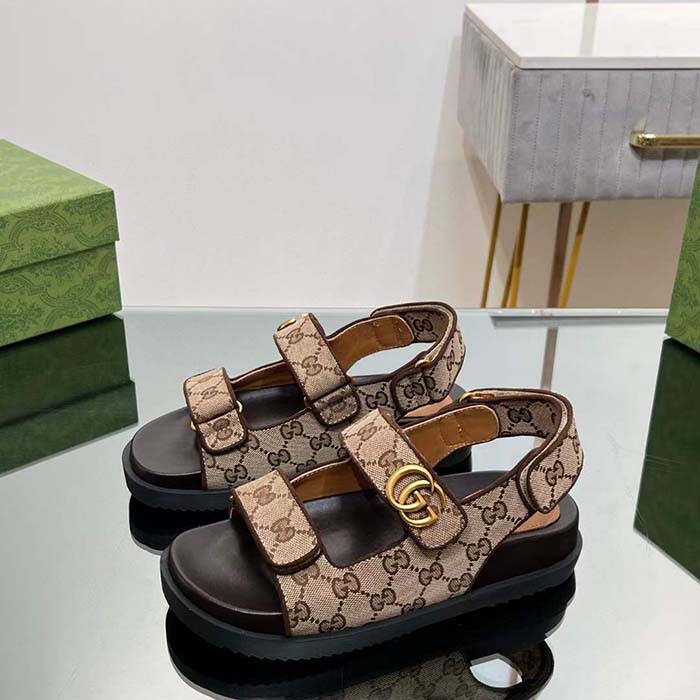 G*u*i women’s double g sandal beige ebony original gg canvas rubber flat