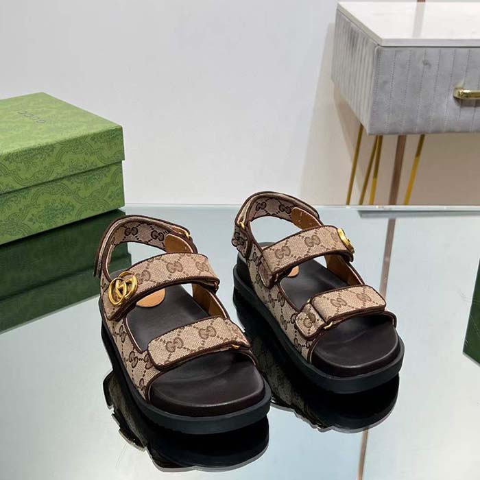 G*u*i women’s double g sandal beige ebony original gg canvas rubber flat