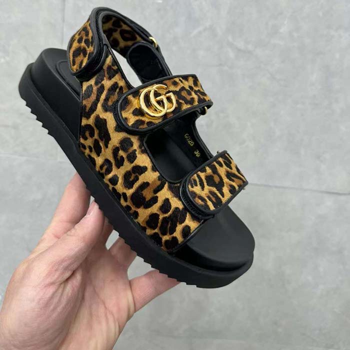 G*u*i women’s double g sandal brown black leopard print calf hair fabric
