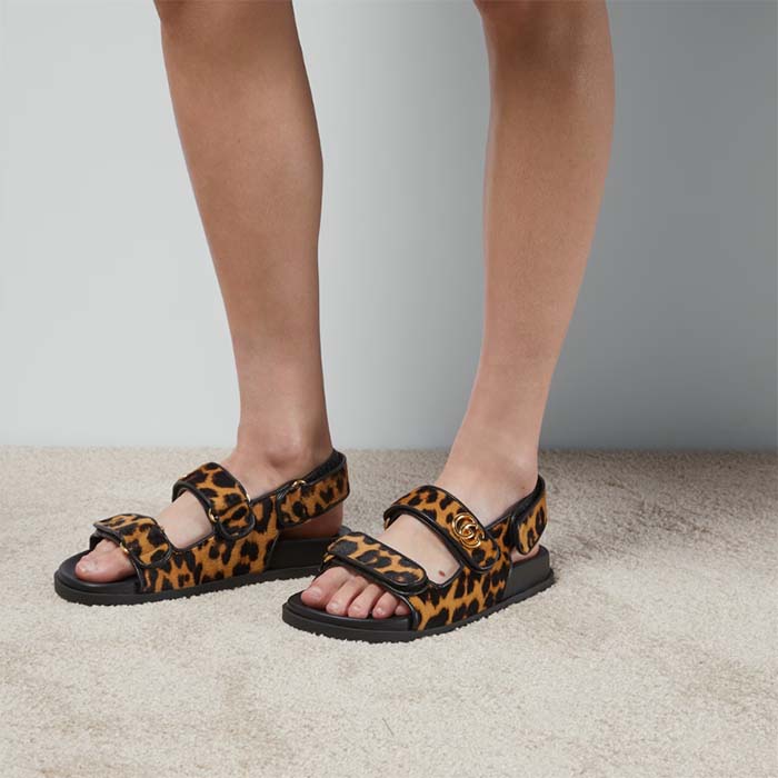G*u*i women’s double g sandal brown black leopard print calf hair fabric