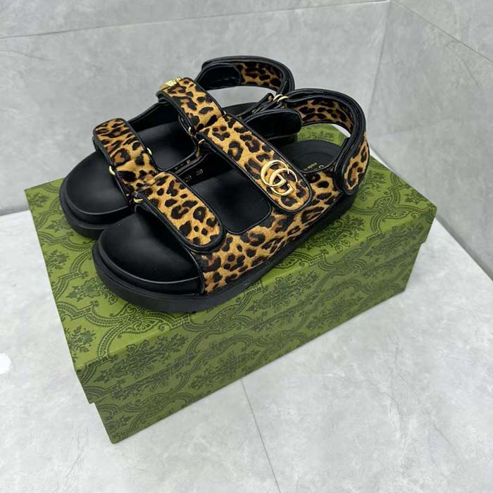 G*u*i women’s double g sandal brown black leopard print calf hair fabric