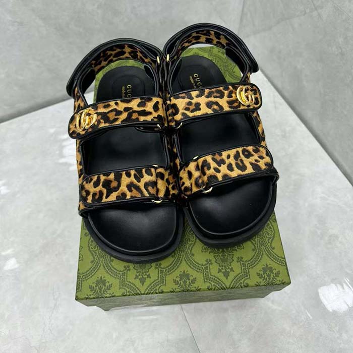 G*u*i women’s double g sandal brown black leopard print calf hair fabric