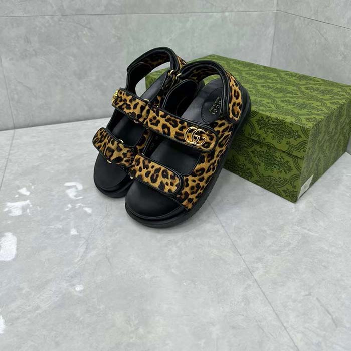 G*u*i women’s double g sandal brown black leopard print calf hair fabric