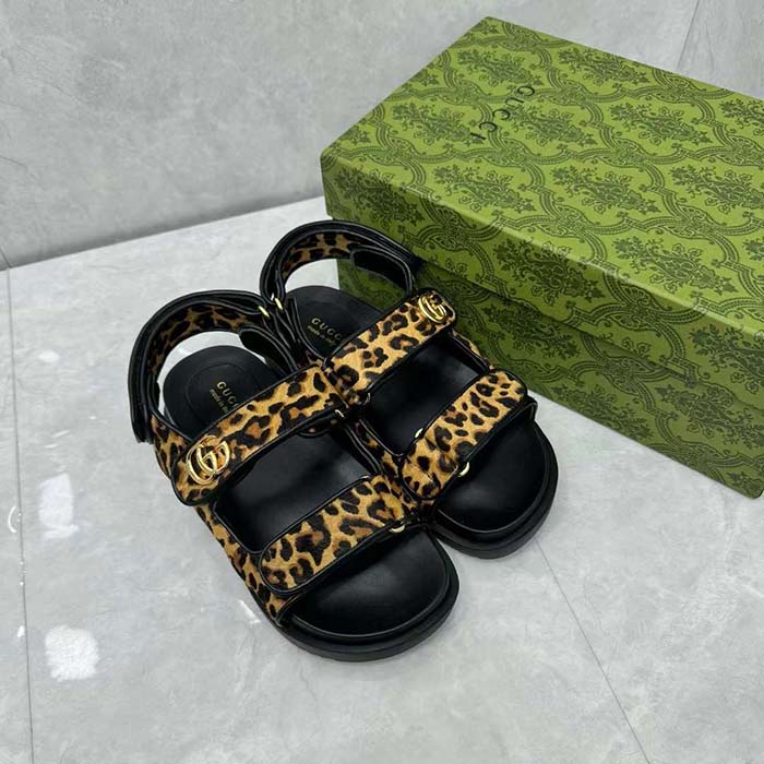 G*u*i women’s double g sandal brown black leopard print calf hair fabric