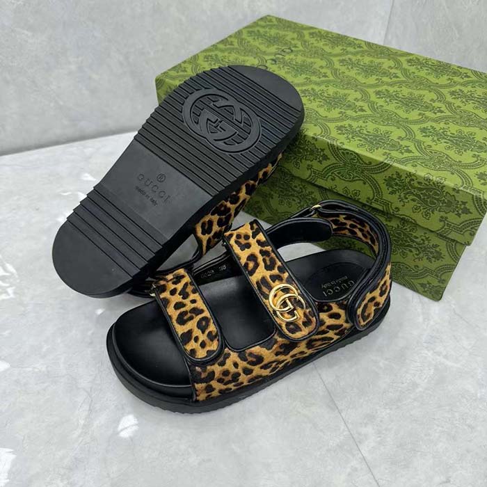 G*u*i women’s double g sandal brown black leopard print calf hair fabric