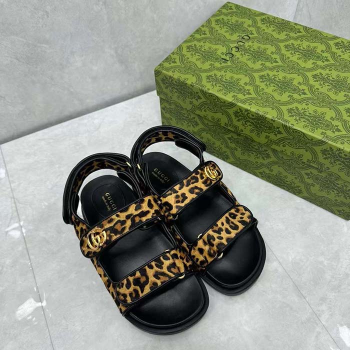 G*u*i women’s double g sandal brown black leopard print calf hair fabric