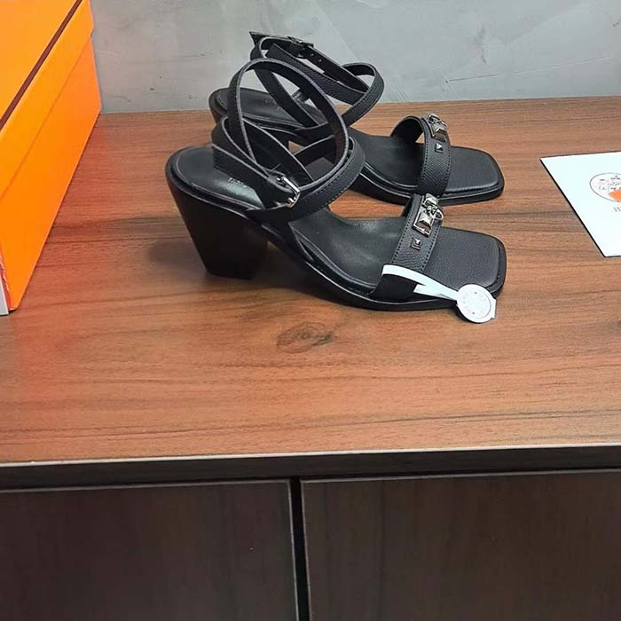 Hermes Women Ivresse 65 Sandal Black Leather 6.6 CM Heel