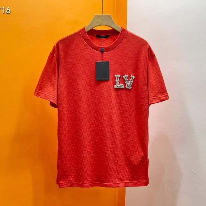 Louis Vuitton Men Cotton Pique T-Shirt Embroidered LV Patch Red Regular Fit 1AFJEC