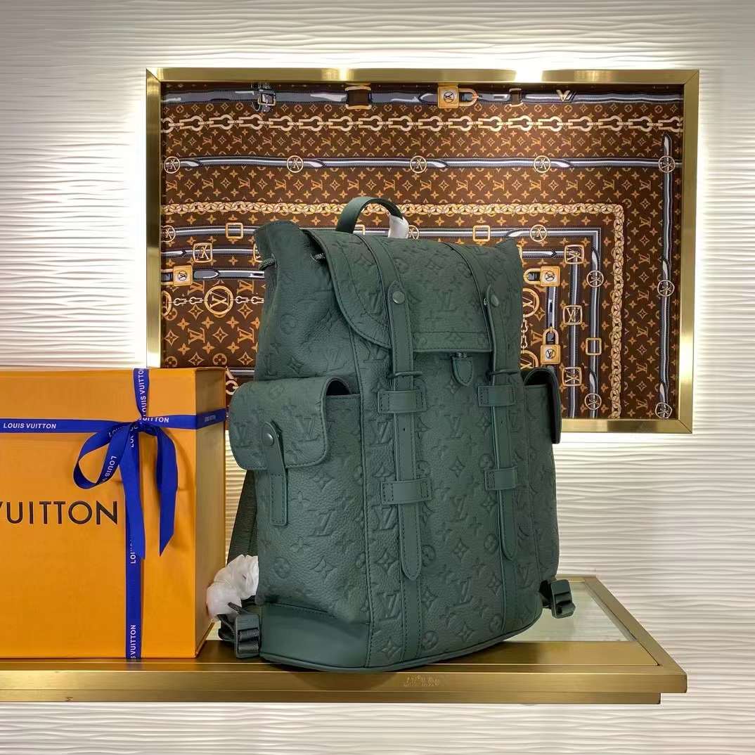 Louis Vuitton LV Unisex Christopher MM Backpack Green Taurillon Monogram Embossed Cowhide Leather M24428