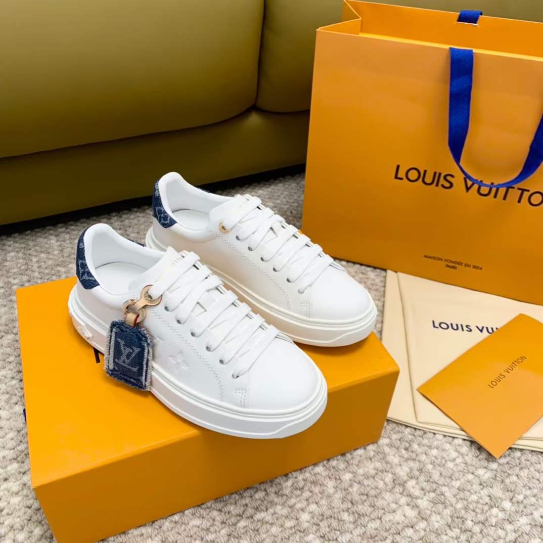 Louis Vuitton Unisex LV Time Out Sneaker Blue Calf Leather Monogram Denim 1ACHUD