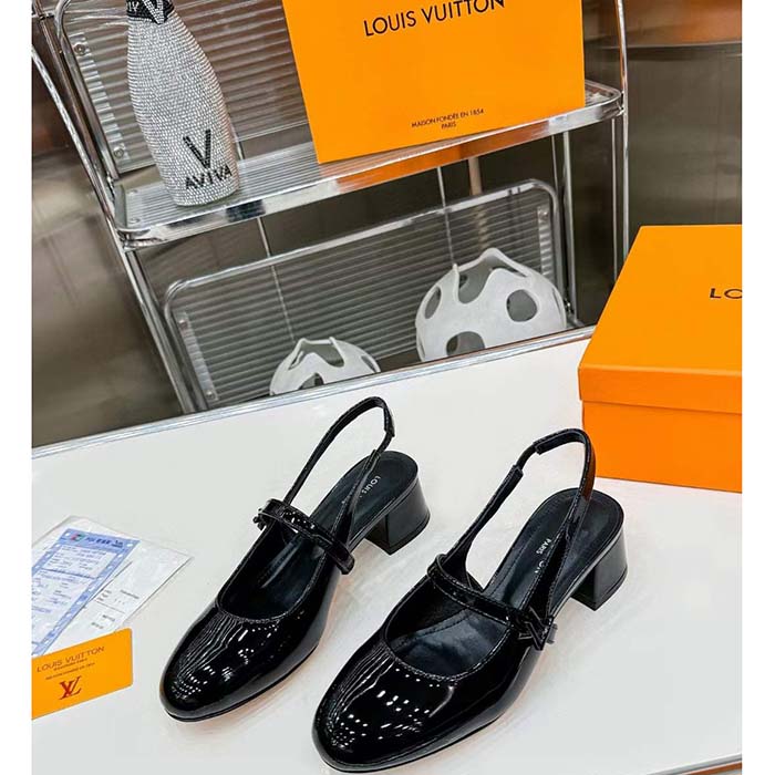 Louis Vuitton Women LV Romy Slingback Pump Black Patent Lambskin Leather