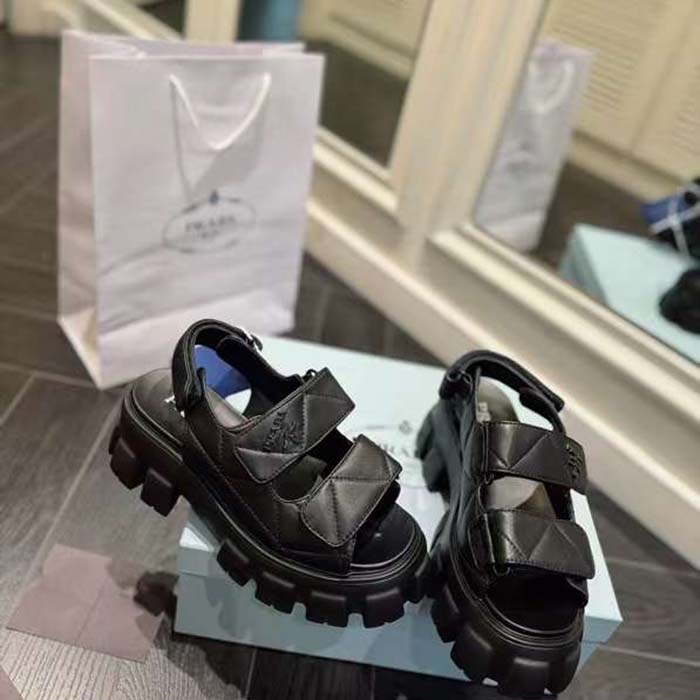 Prada Women Monolith Nappa Leather Sandals Black Upper Padding Stitching