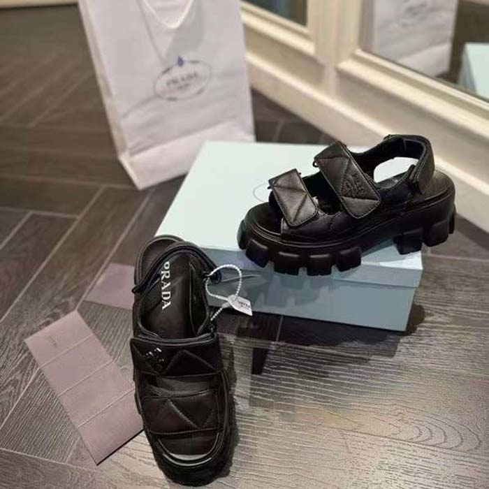 Prada Women Monolith Nappa Leather Sandals Black Upper Padding Stitching