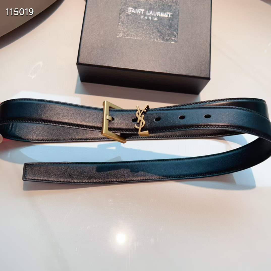 Saint Laurent YSL Women Cassandre Thin Belt Vegetable-Tanned Leather Black