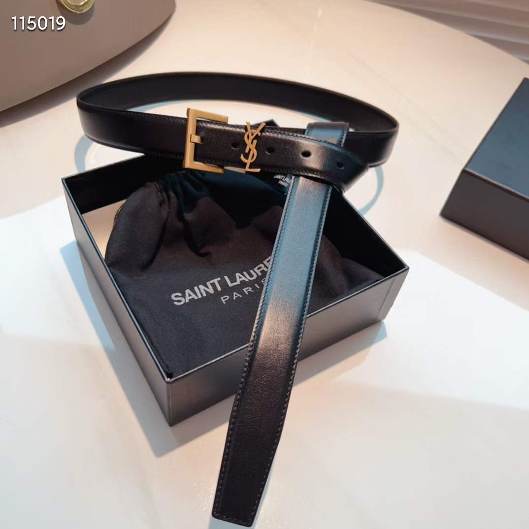 Saint Laurent YSL Women Cassandre Thin Belt Vegetable-Tanned Leather Black