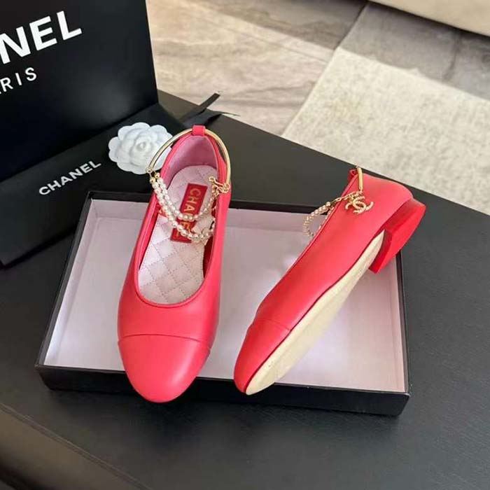 Chanel Women CC Ballet Flats Lambskin Metal Imitation Pearls Dark Pink