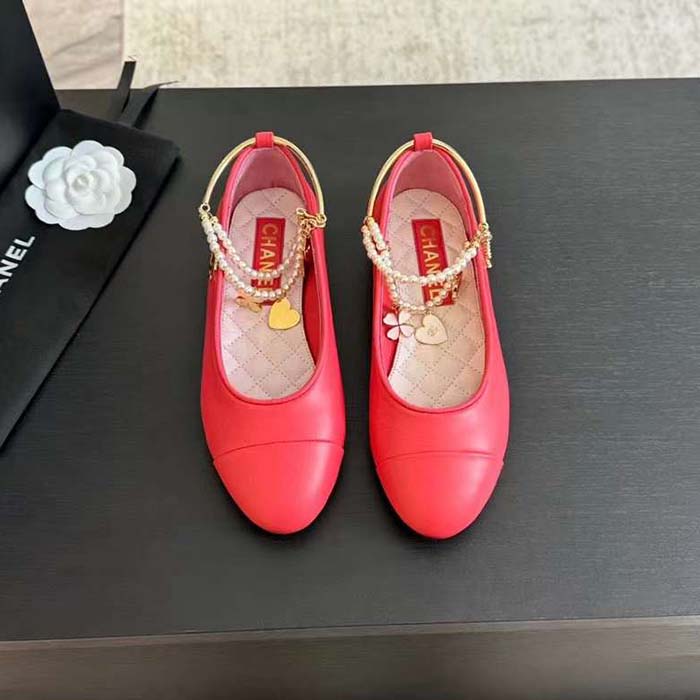 Chanel Women CC Ballet Flats Lambskin Metal Imitation Pearls Dark Pink