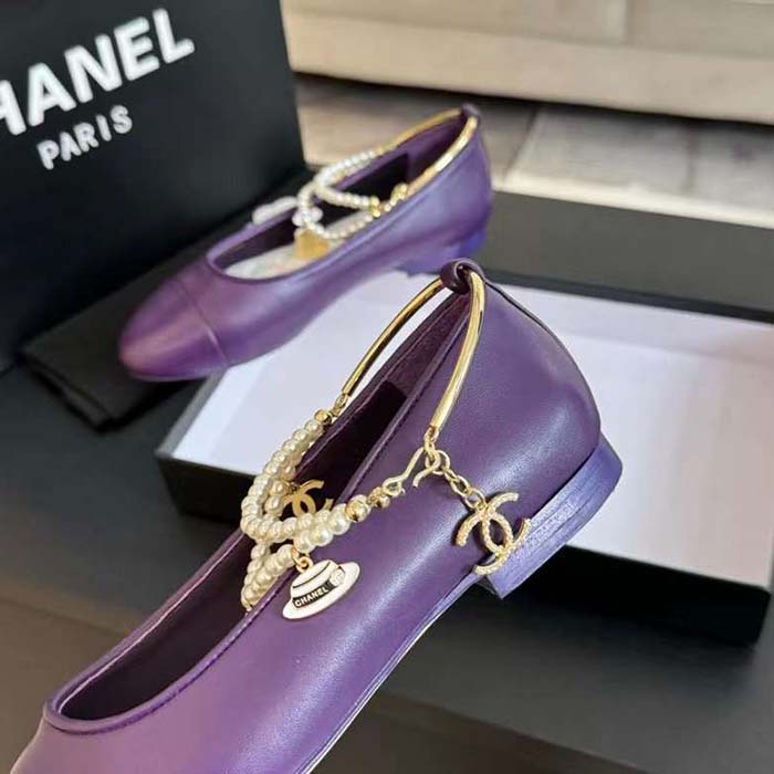 Chanel Women CC Ballet Flats Lambskin Metal Imitation Pearls Purple