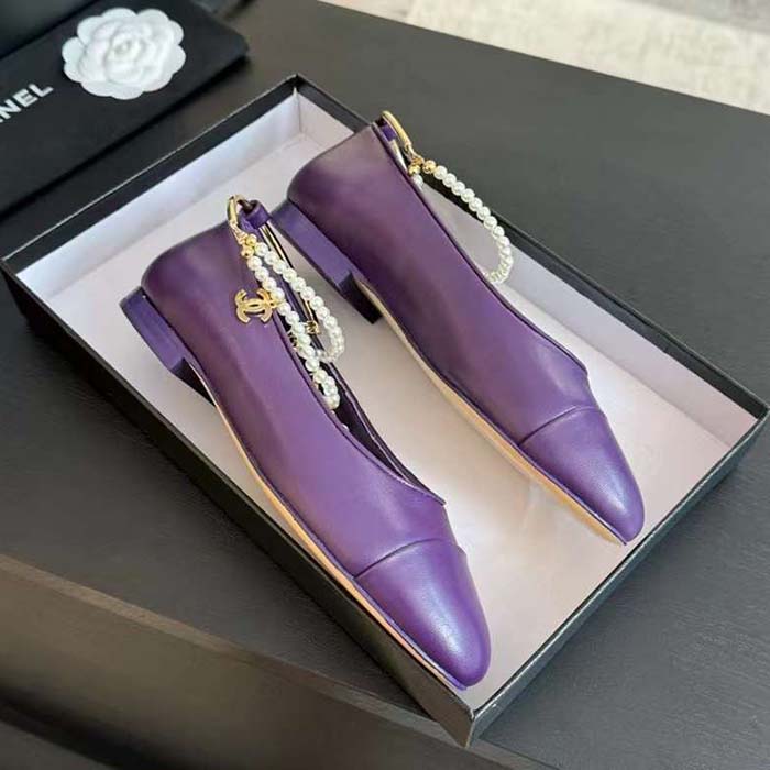 Chanel Women CC Ballet Flats Lambskin Metal Imitation Pearls Purple
