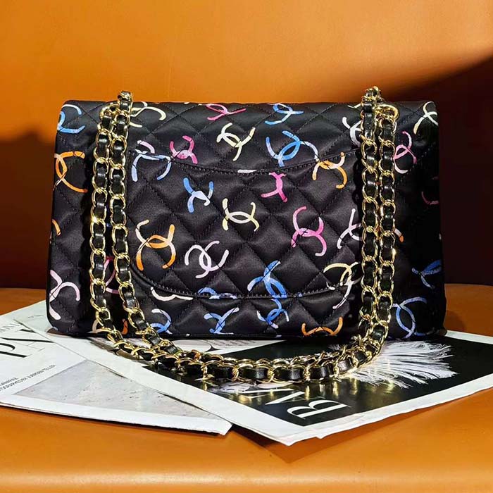 Chanel Women CC Classic 11.12 Handbag Printed Fabric Gold-Tone Metal Black Multicolor