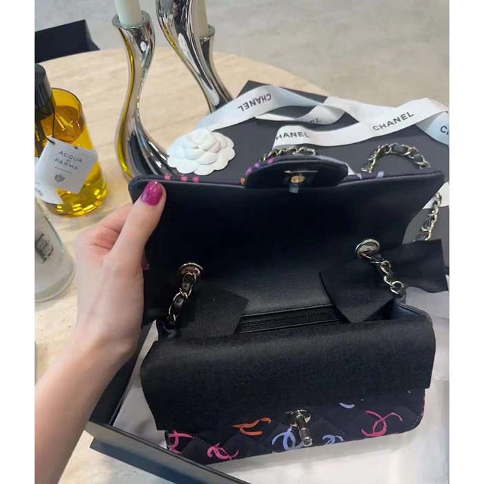 Chanel Women CC Classic 11.12 Handbag Printed Fabric Gold-Tone Metal Black Multicolor